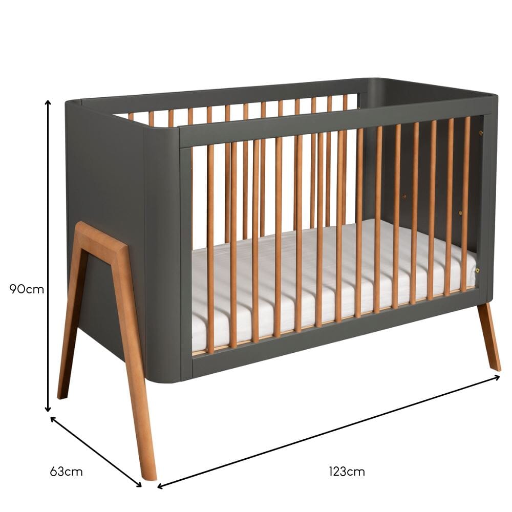 Troll Torsten Cot with Conversion Rail for Cot Bed - Grey/Teak