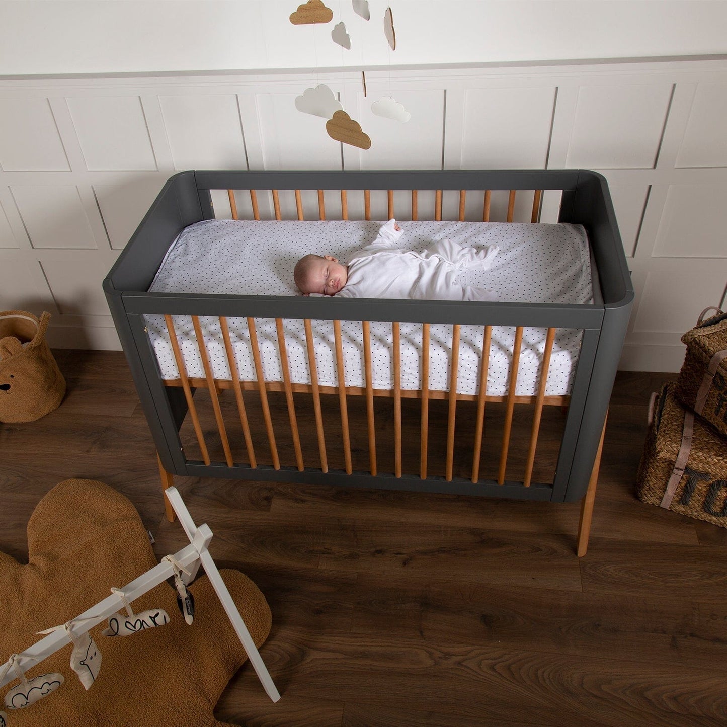 Troll Torsten Cot with Conversion Rail for Cot Bed - Grey/Teak